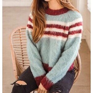 Lulus Be a Team Player Light Blue Multi Striped Knit Sweater size s/m